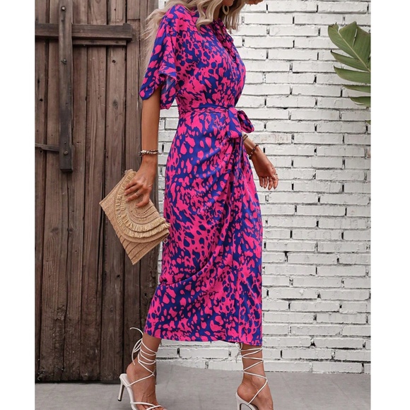 Leopard Print Button up Kimono Sleeve Shirt Dress - Picture 3 of 4